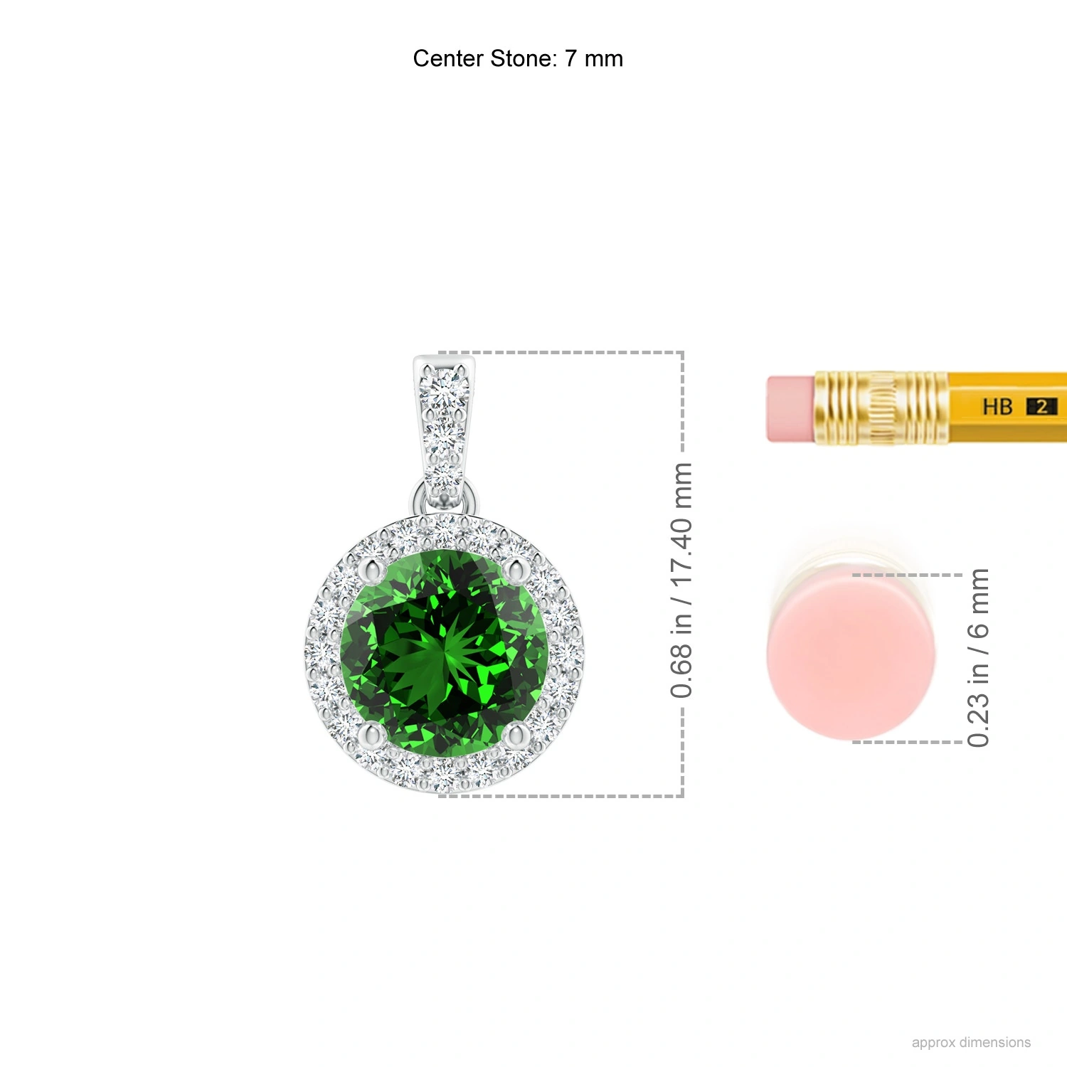 Round Lab-Grown Emerald Halo Pendant with Diamond Bail dimension
