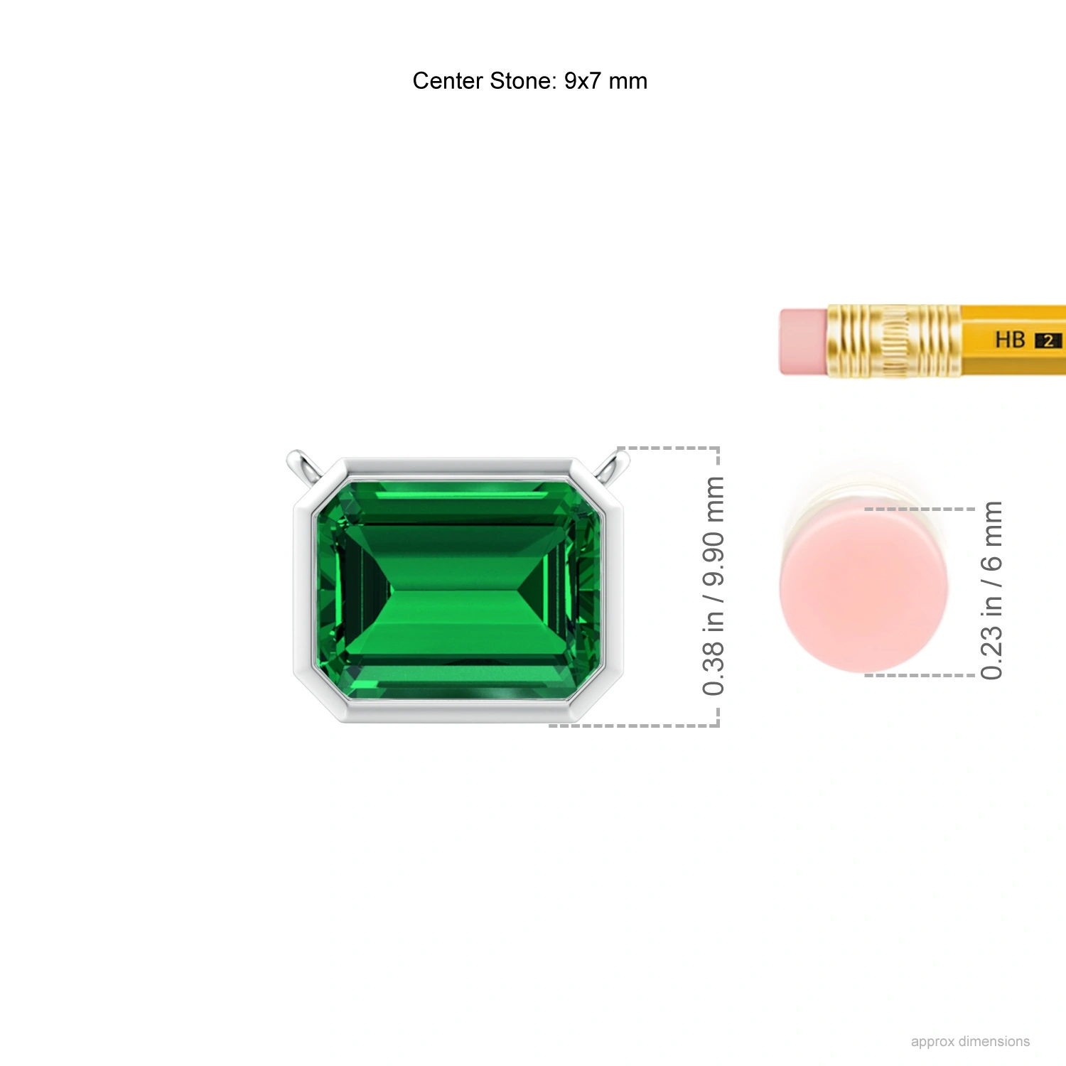 Horizontal Emerald-Cut Lab-Grown Emerald Bezel Pendant dimension