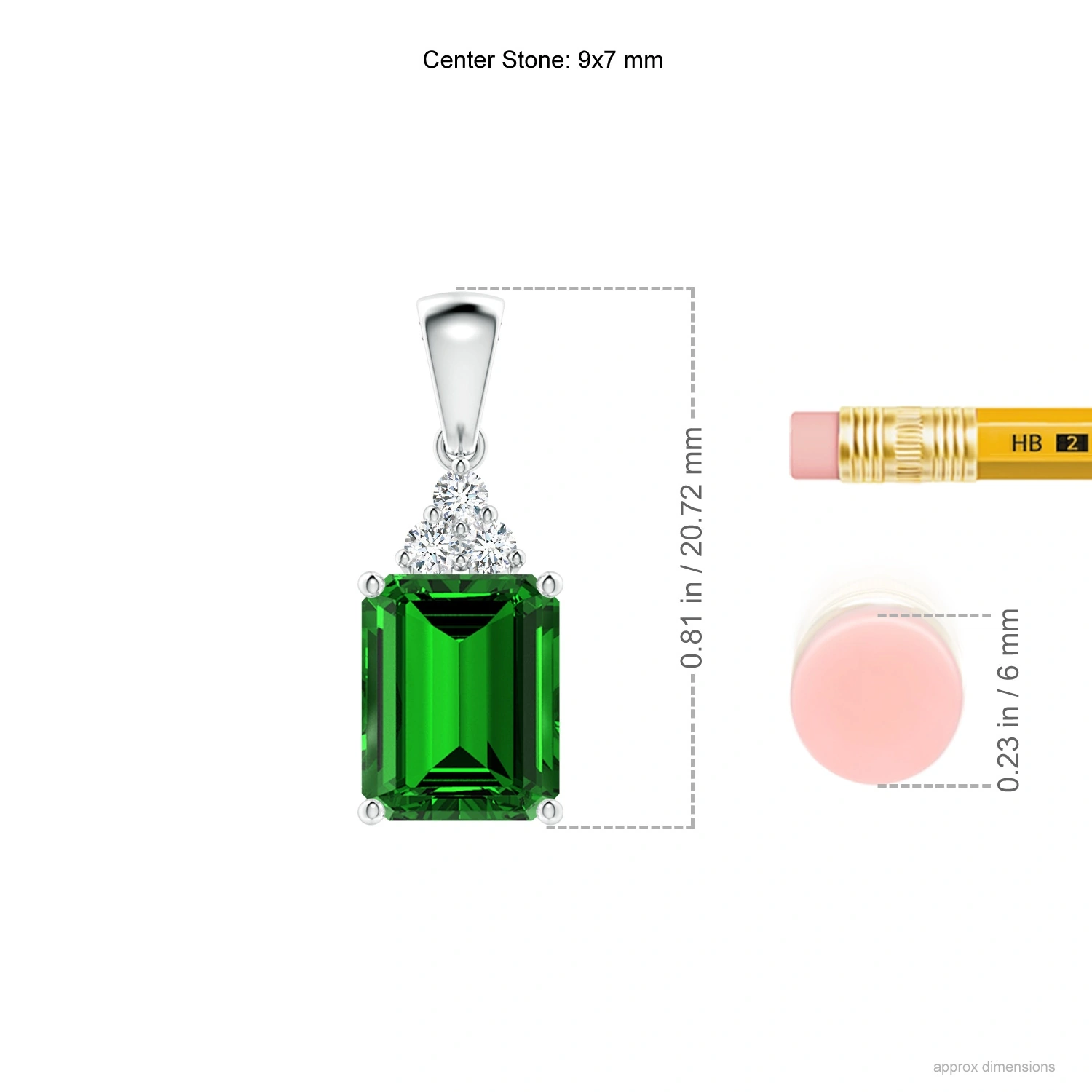 Emerald-Cut Lab-Grown Emerald Pendant with Diamond Trio dimension