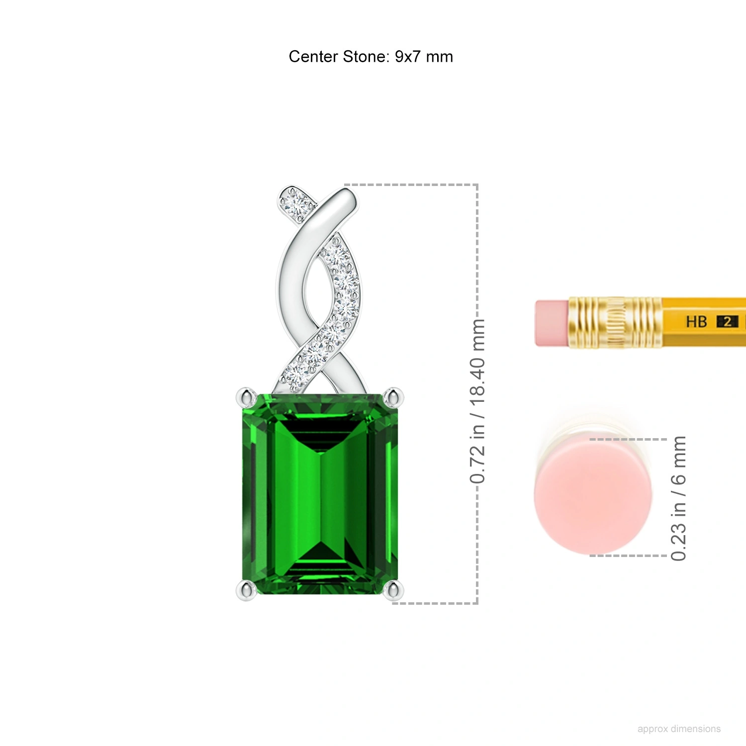 Emerald-Cut Lab-Grown Emerald Pendant with Entwined Diamond Bale dimension