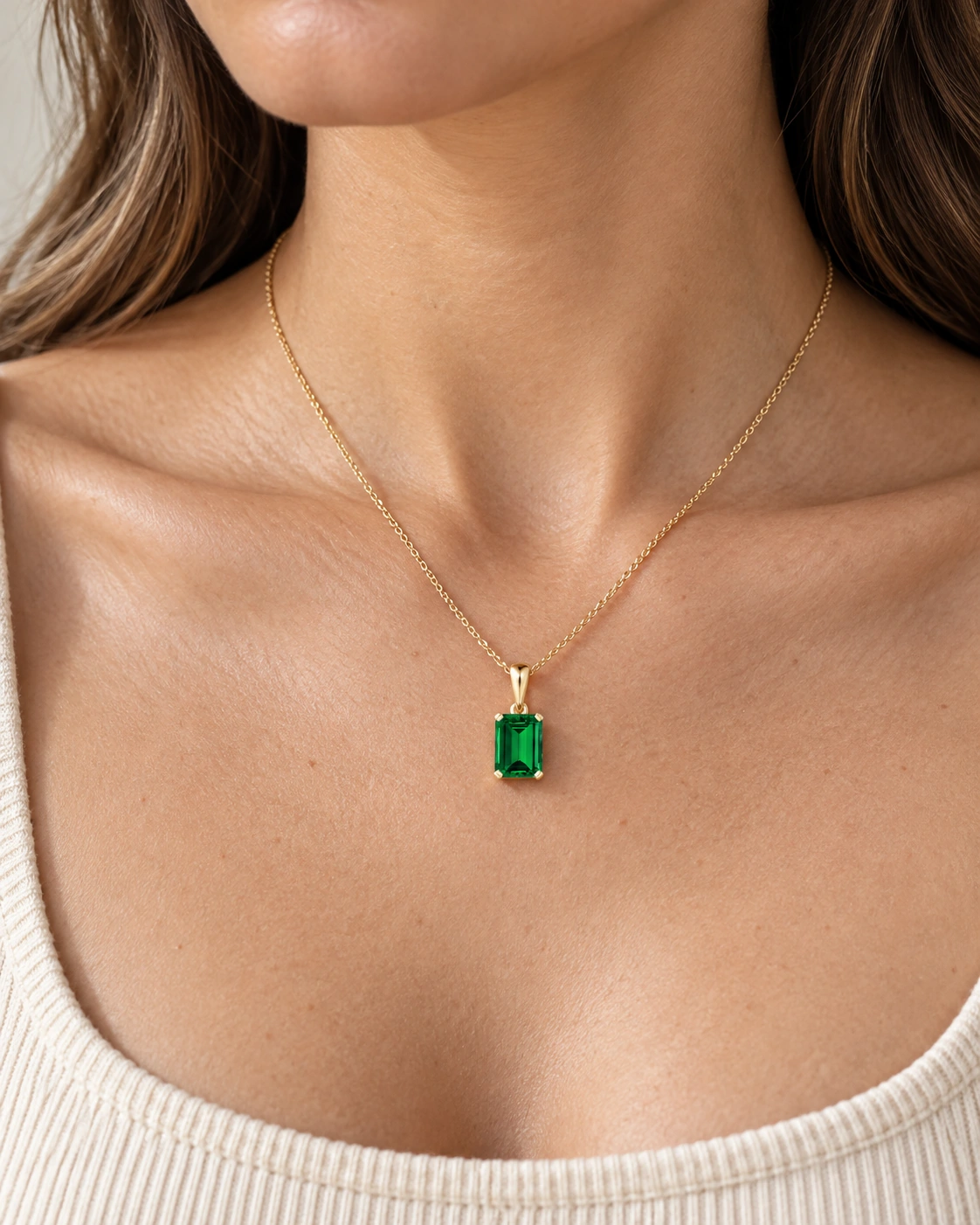 Prong-Set Emerald-Cut Lab-Grown Emerald Solitaire Pendant model