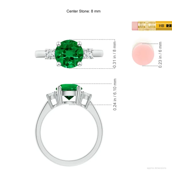 Round Lab-Grown Emerald Three-Stone Prong-Set Ring with Lab-Grown Diamond Accents dimension