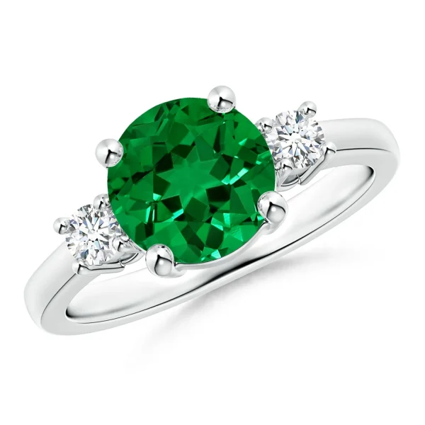 Round Lab-Grown Emerald Three-Stone Prong-Set Ring with Lab-Grown Diamond Accents main