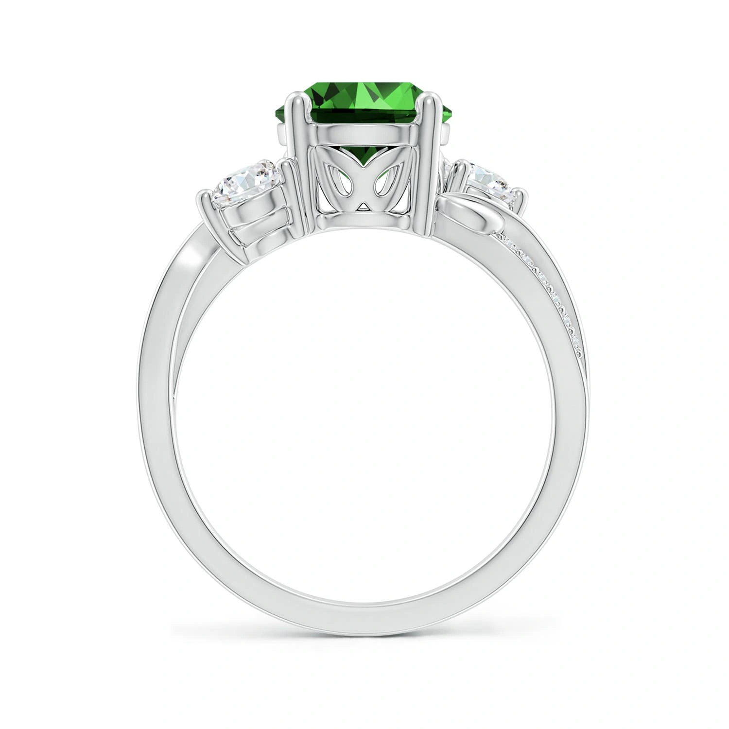 Round Lab-Grown Emerald Three-Stone Twisted Vine Ring detail