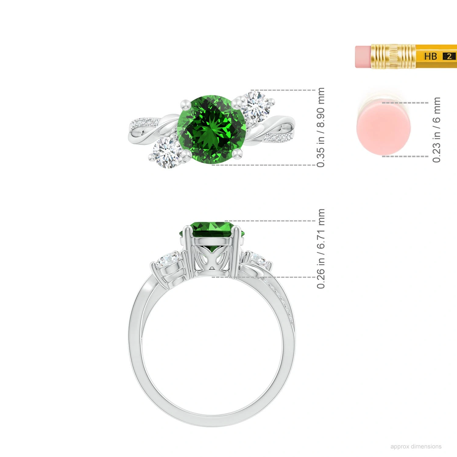 Round Lab-Grown Emerald Three-Stone Twisted Vine Ring dimension