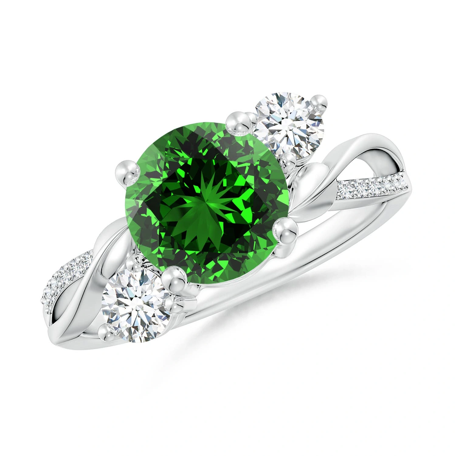Round Lab-Grown Emerald Three-Stone Twisted Vine Ring main