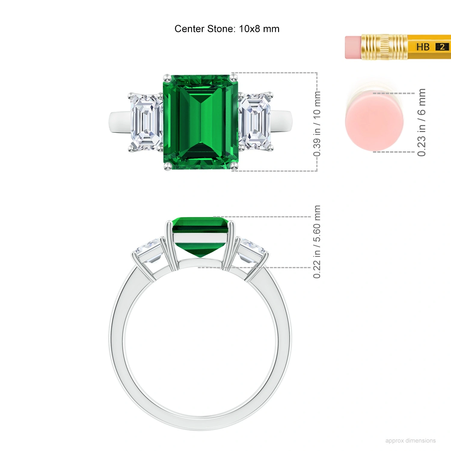 Emerald-Cut Lab-Grown Emerald Three-Stone Ring dimension