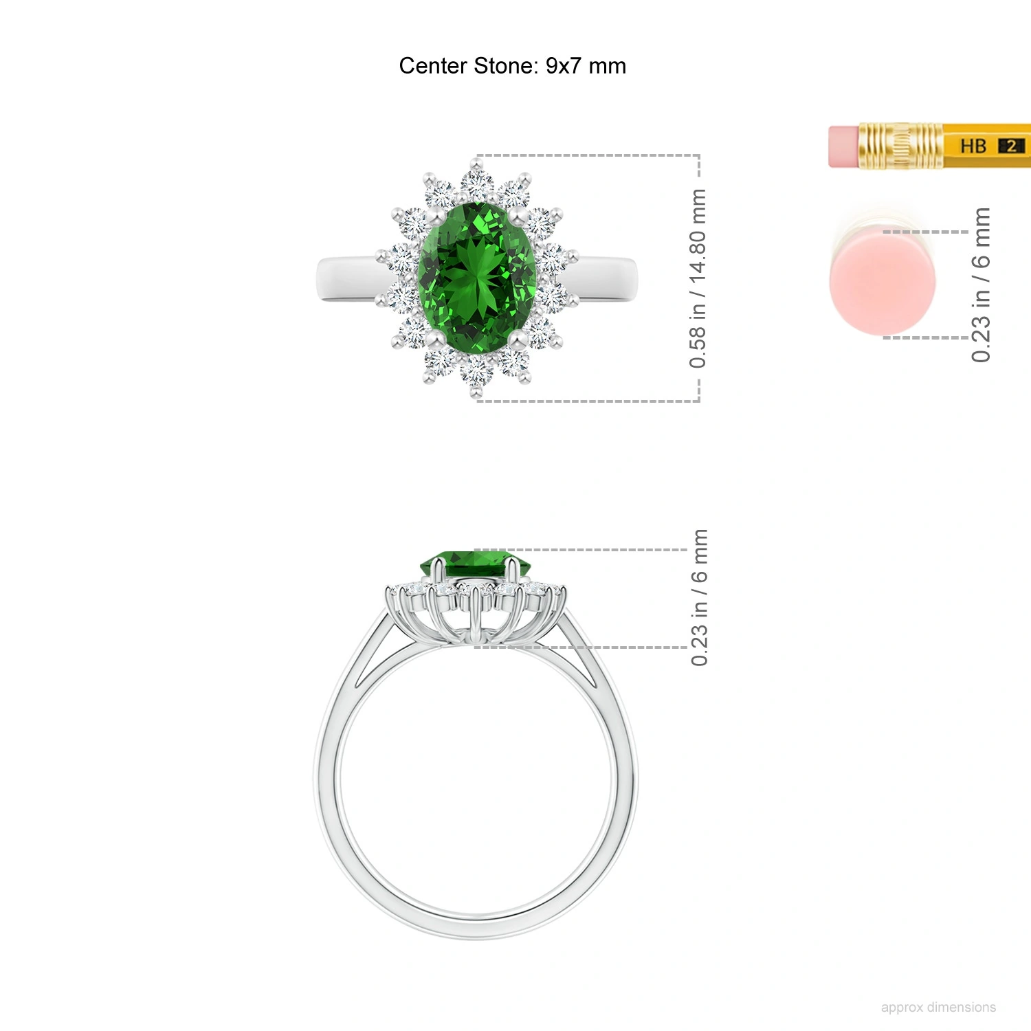Oval Lab-Grown Emerald Floral Halo Engagement Ring dimension