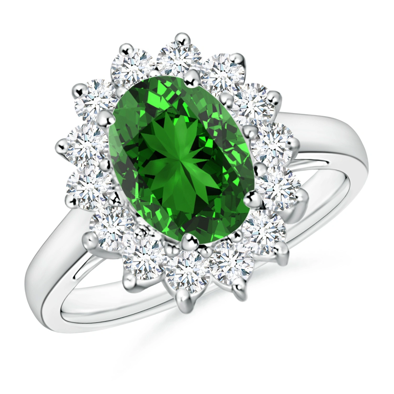 Oval Lab-Grown Emerald Floral Halo Engagement Ring