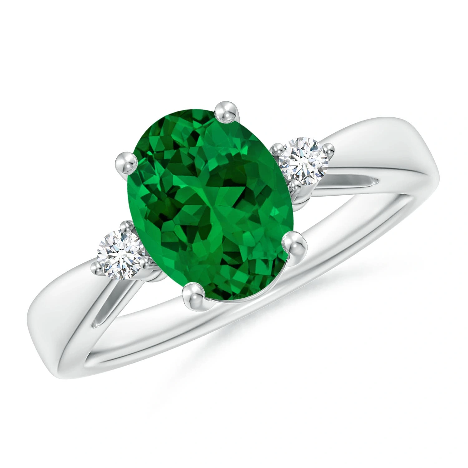 Oval Lab-Grown Emerald Tapered Split-Shank Ring with Diamond Accents