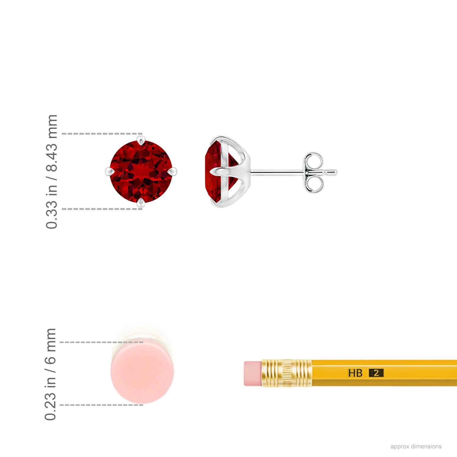 Round Lab-Grown Ruby Claw-Set Solitaire Stud Earrings dimension