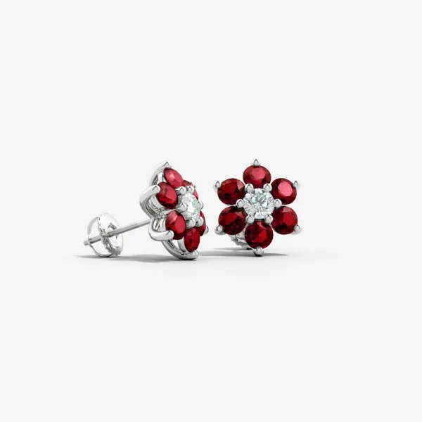 Lab-Grown Ruby and Diamond Six-Petal Flower Stud Earrings detail