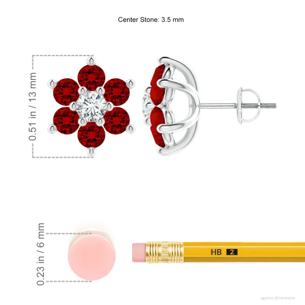Lab-Grown Ruby and Diamond Six-Petal Flower Stud Earrings dimension