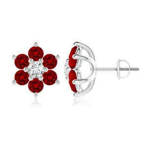 Lab-Grown Ruby and Diamond Six-Petal Flower Stud Earrings main