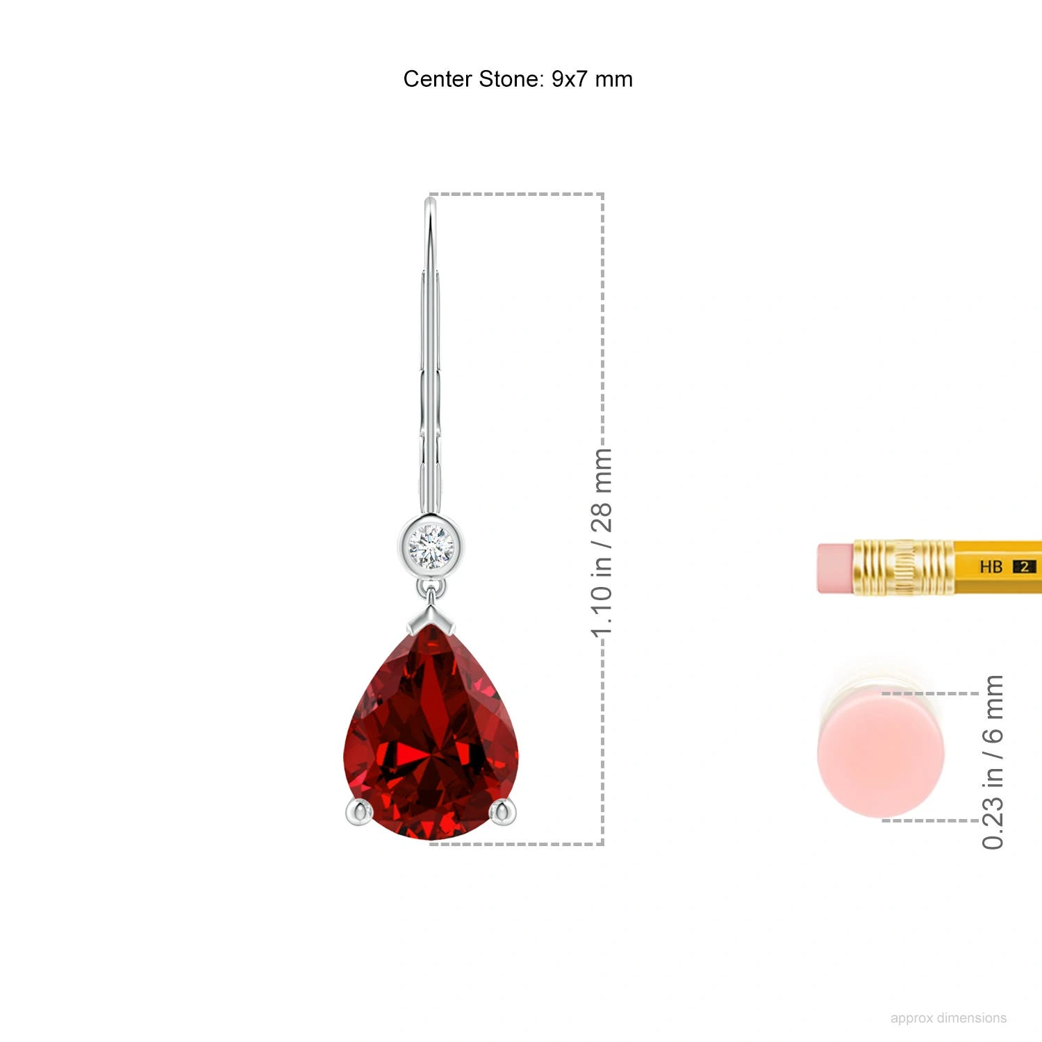 Pear-Shaped Lab-Grown Ruby Leverback Drop Earrings with Diamond Accents dimension