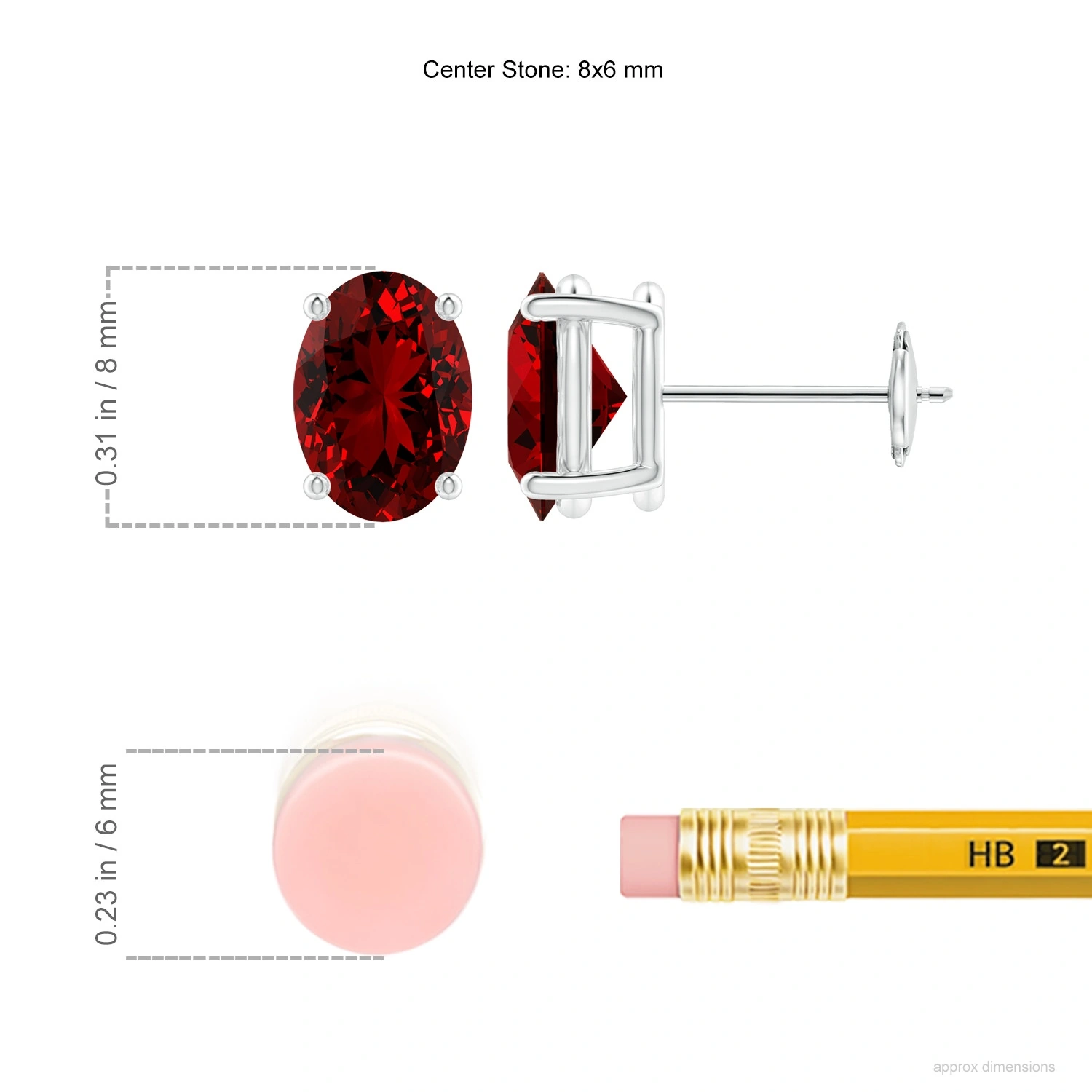 Oval Lab-Grown Ruby Solitaire Stud Earrings dimension