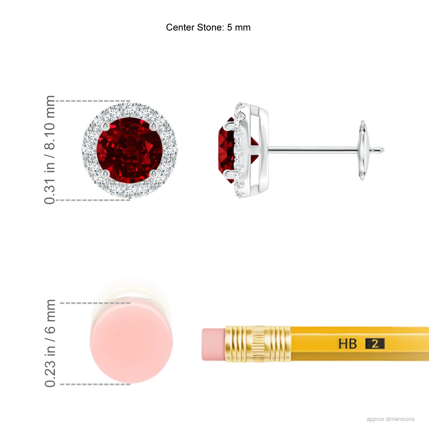 Round Lab-Grown Ruby Diamond Halo Stud Earrings dimension