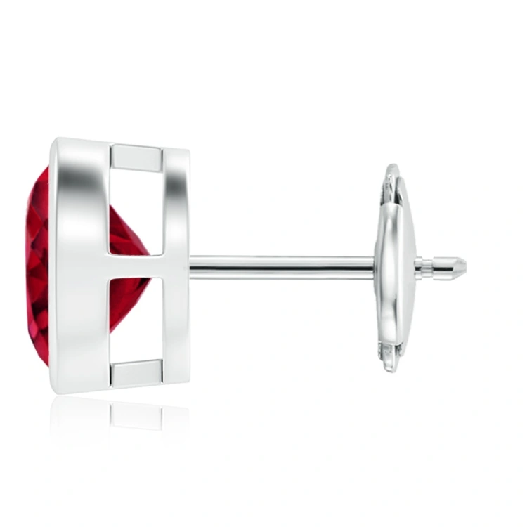Round Lab-Grown Ruby Bezel-Set Solitaire Stud Earrings detail