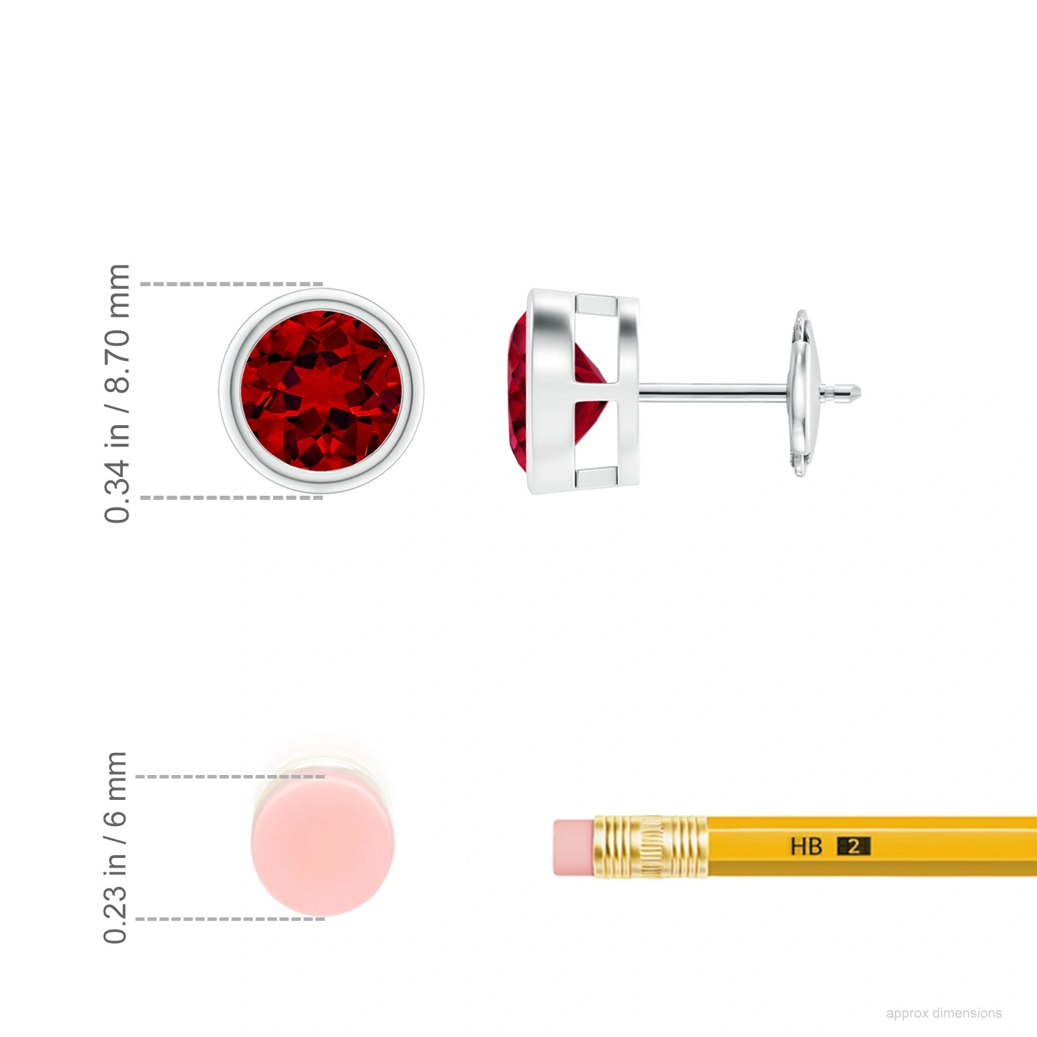 Round Lab-Grown Ruby Bezel-Set Solitaire Stud Earrings dimension