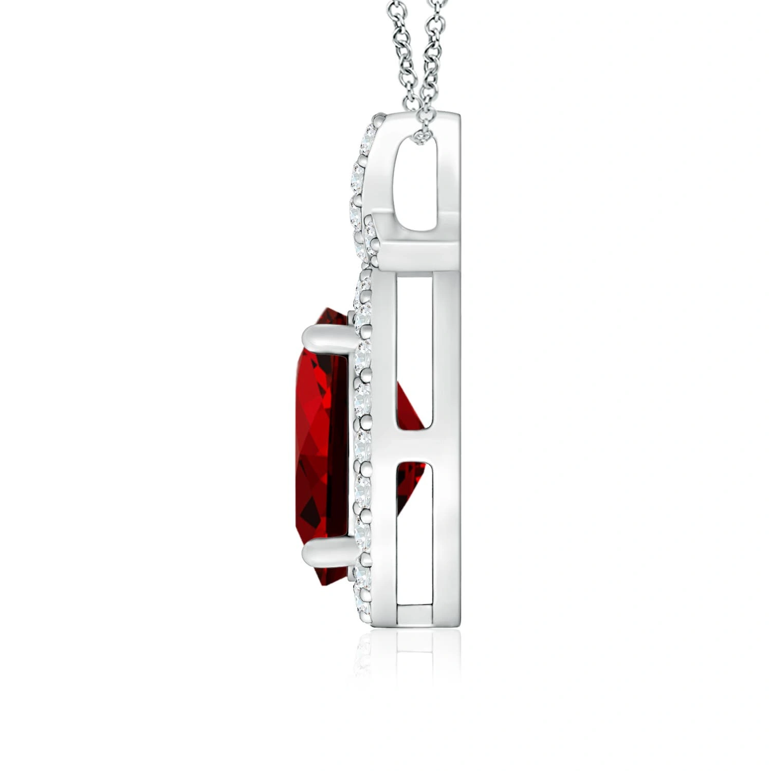 Oval Lab-Grown Ruby Vintage Diamond Halo Pendant detail
