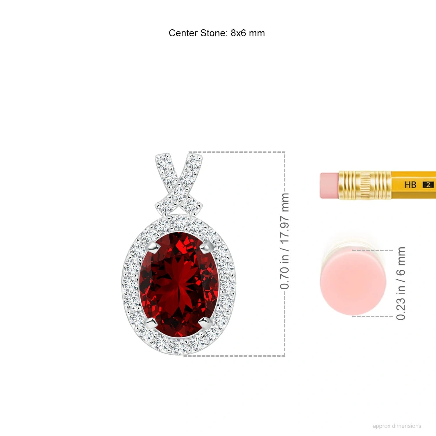 Oval Lab-Grown Ruby Vintage Diamond Halo Pendant dimension