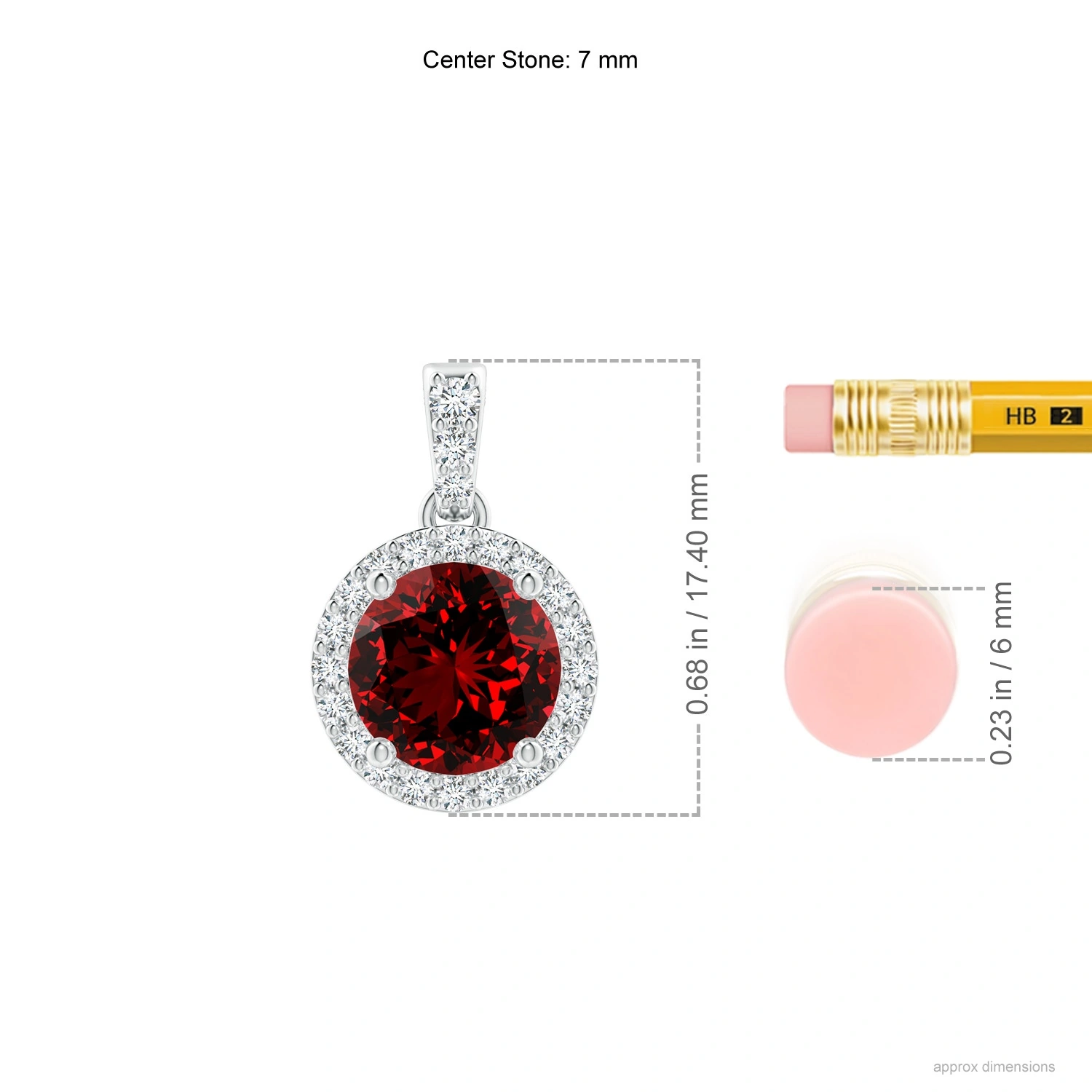 Round Lab-Grown Ruby Halo Pendant with Diamond Bail dimension