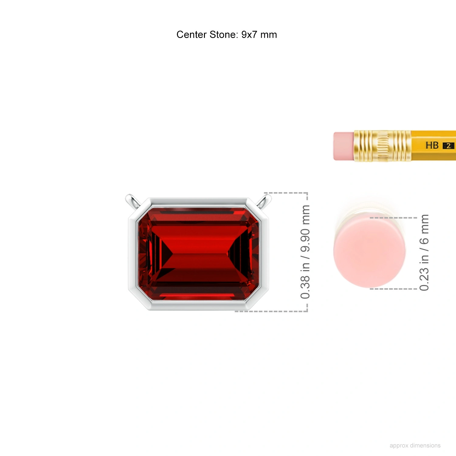 Horizontal Emerald-Cut Lab-Grown Ruby Bezel Pendant dimension