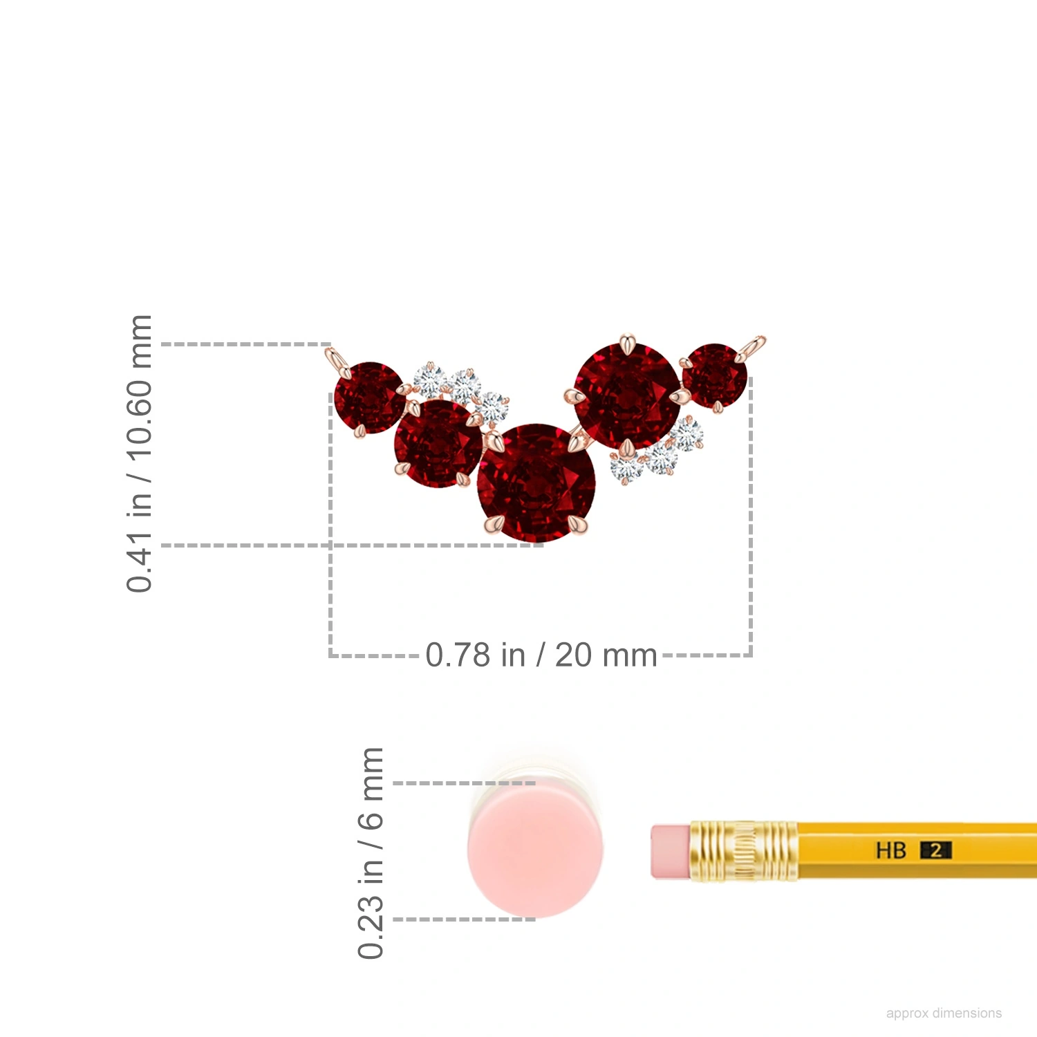 Asymmetric Multi-Size Lab-Grown Ruby Curved Pendant Necklace dimension