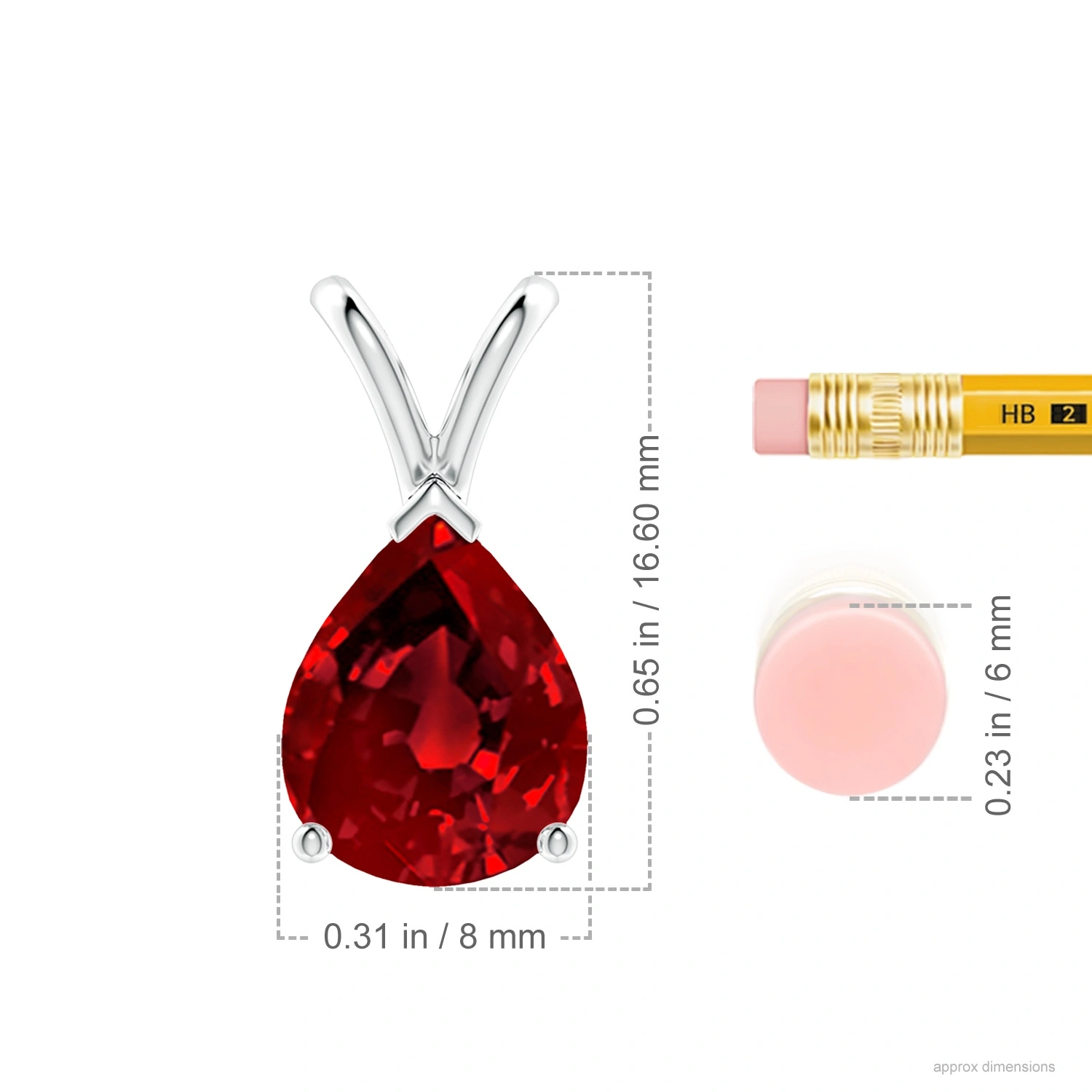 Pear-Shaped Lab-Grown Ruby Solitaire V-Bale Pendant Necklace dimension