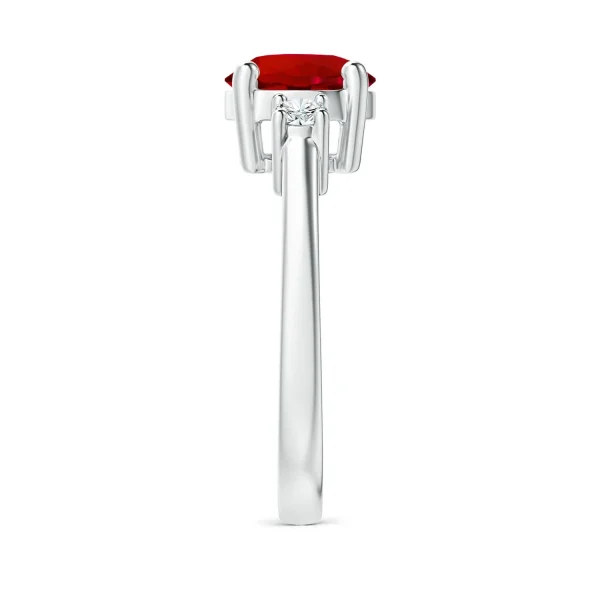 Round Lab-Grown Ruby Three-Stone Prong-Set Ring with Lab-Grown Diamond Accents detail