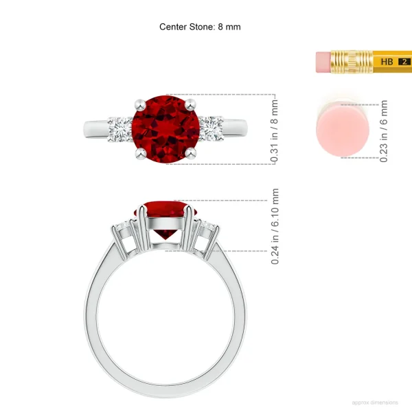 Round Lab-Grown Ruby Three-Stone Prong-Set Ring with Lab-Grown Diamond Accents dimension