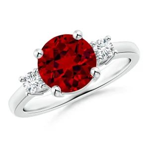 Round Lab-Grown Ruby Three-Stone Prong-Set Ring with Lab-Grown Diamond Accents
