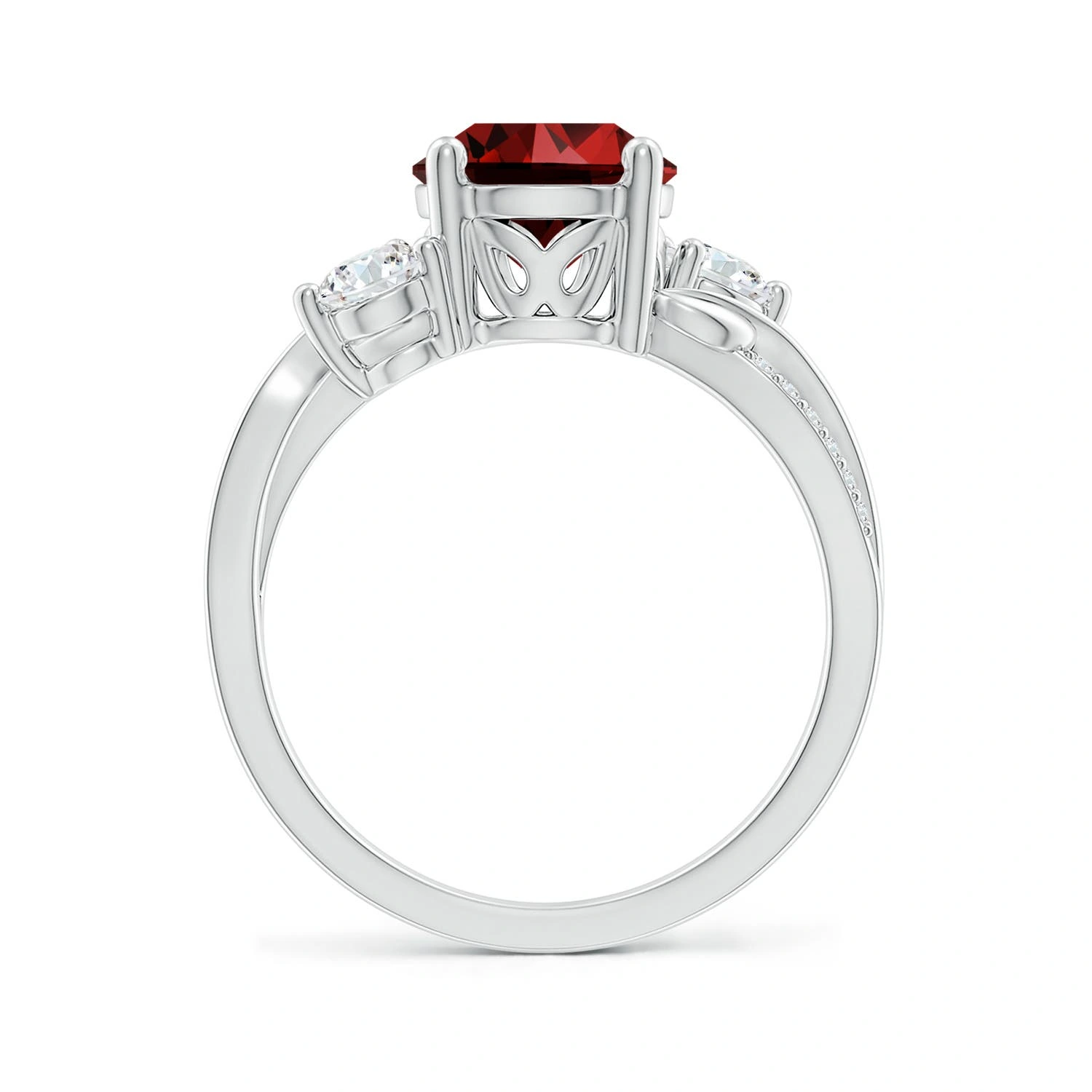 Round Lab-Grown Ruby Three-Stone Twisted Vine Ring detail