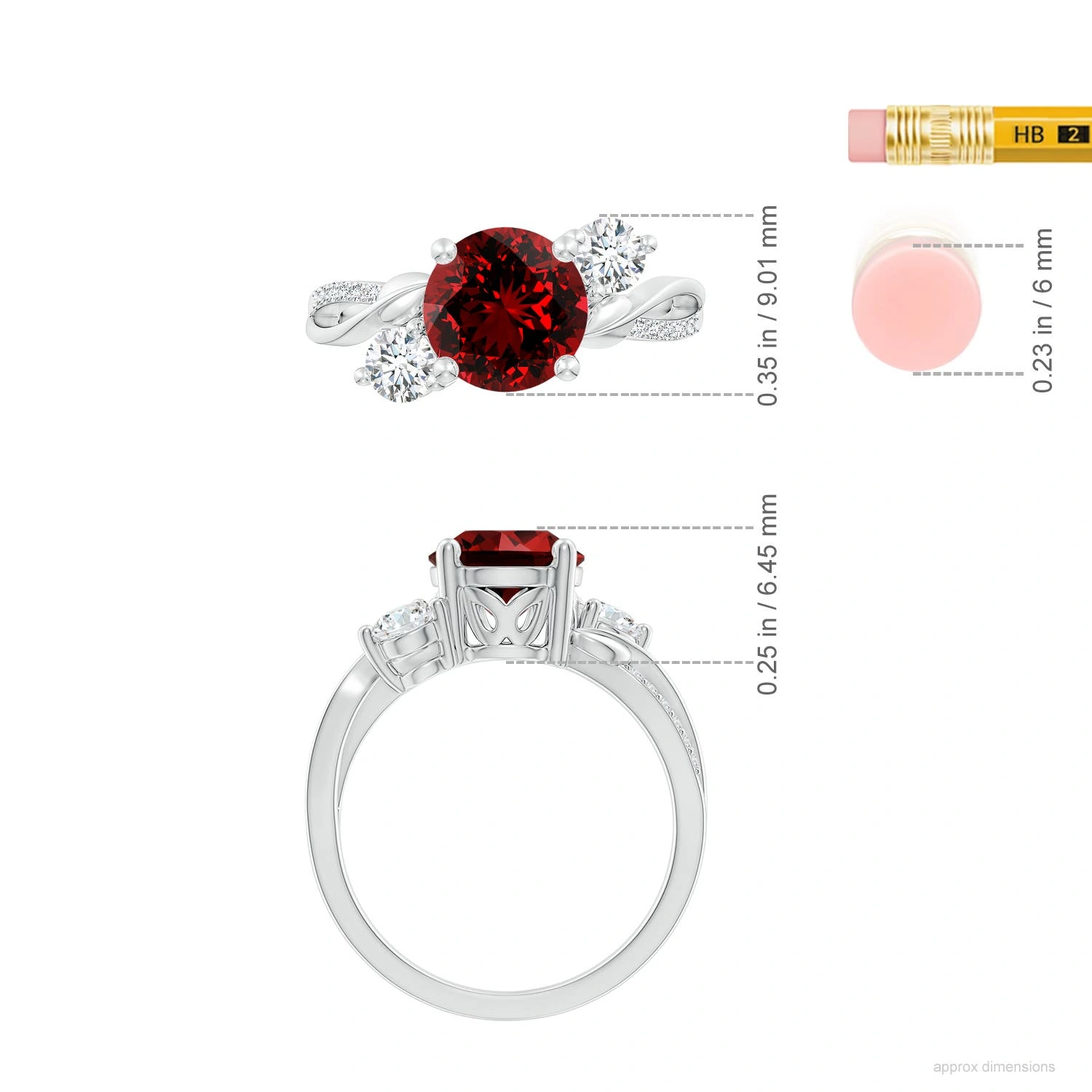 Round Lab-Grown Ruby Three-Stone Twisted Vine Ring dimension