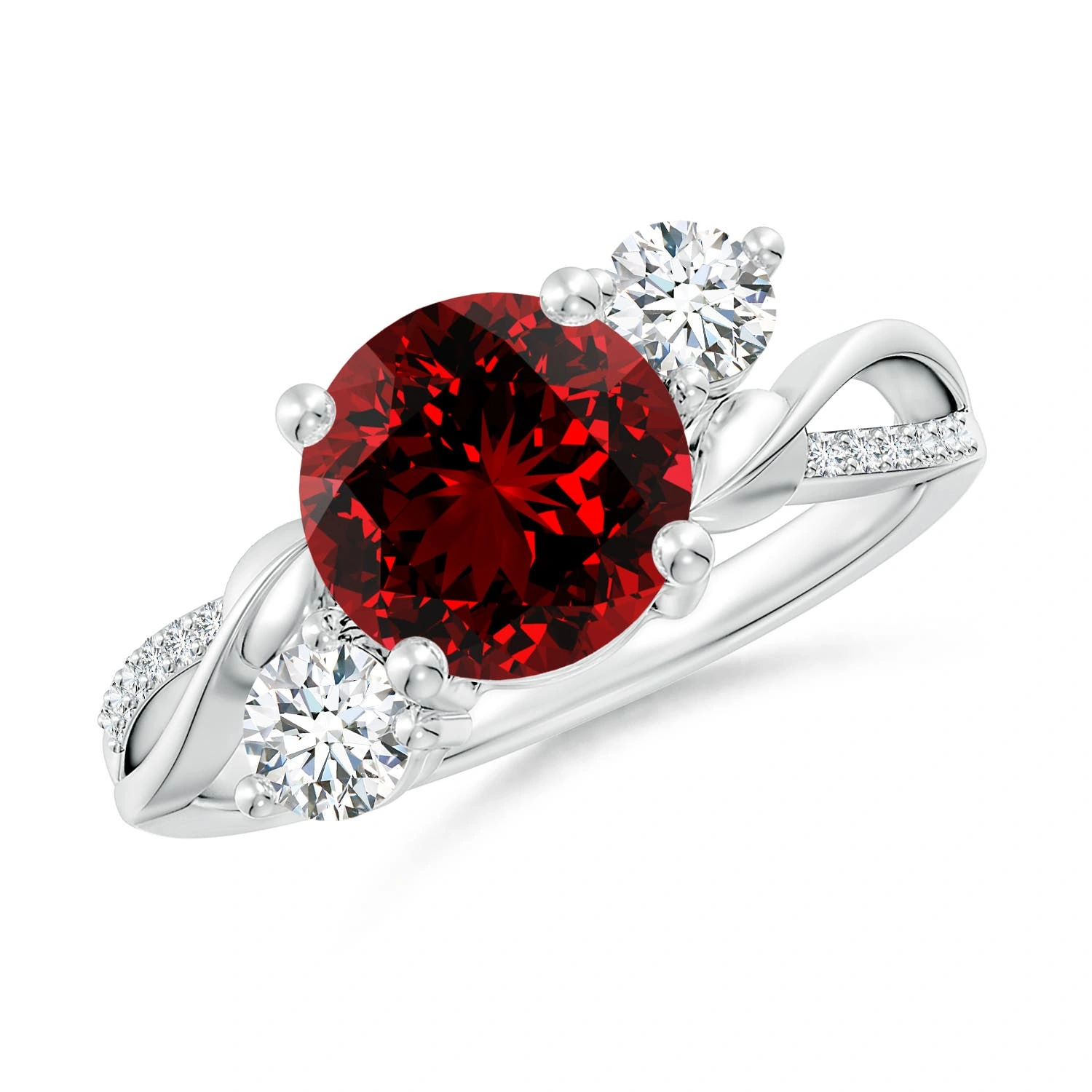 Round Lab-Grown Ruby Three-Stone Twisted Vine Ring main
