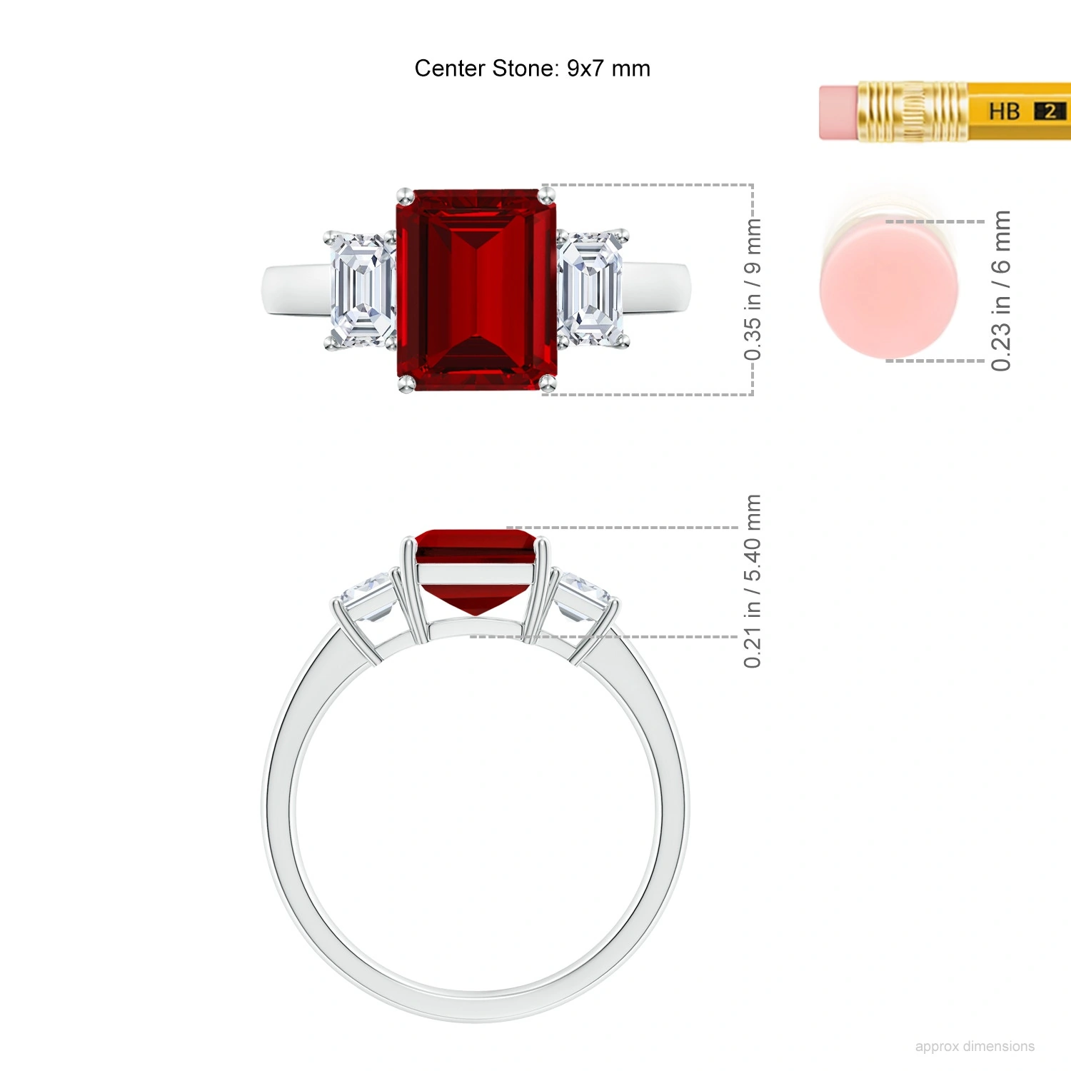 Emerald-Cut Lab-Grown Ruby Three-Stone Ring dimension