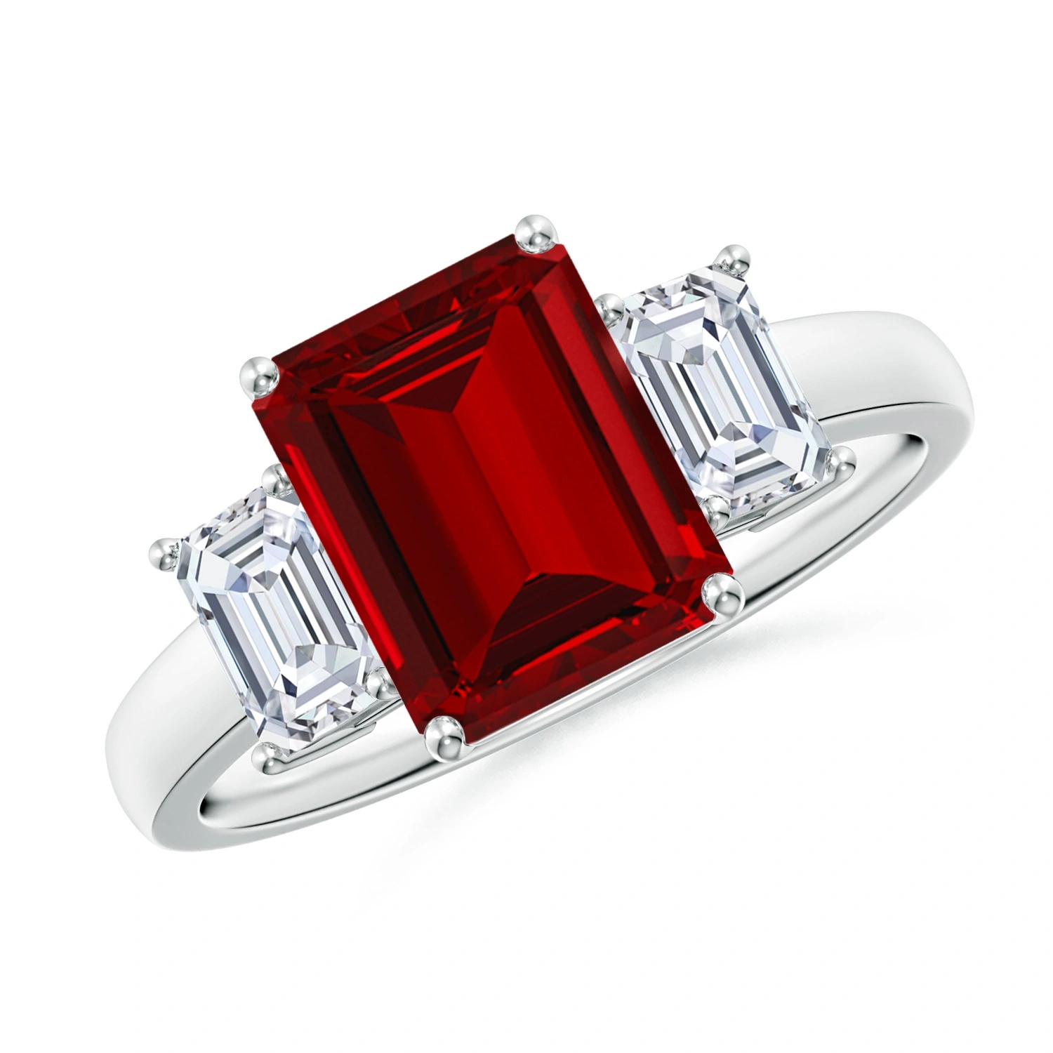 Emerald-Cut Lab-Grown Ruby Three-Stone Ring