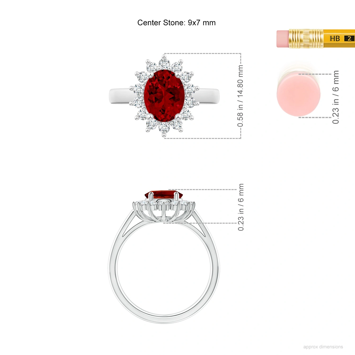 Oval Lab-Grown Ruby Floral Halo Engagement Ring dimension