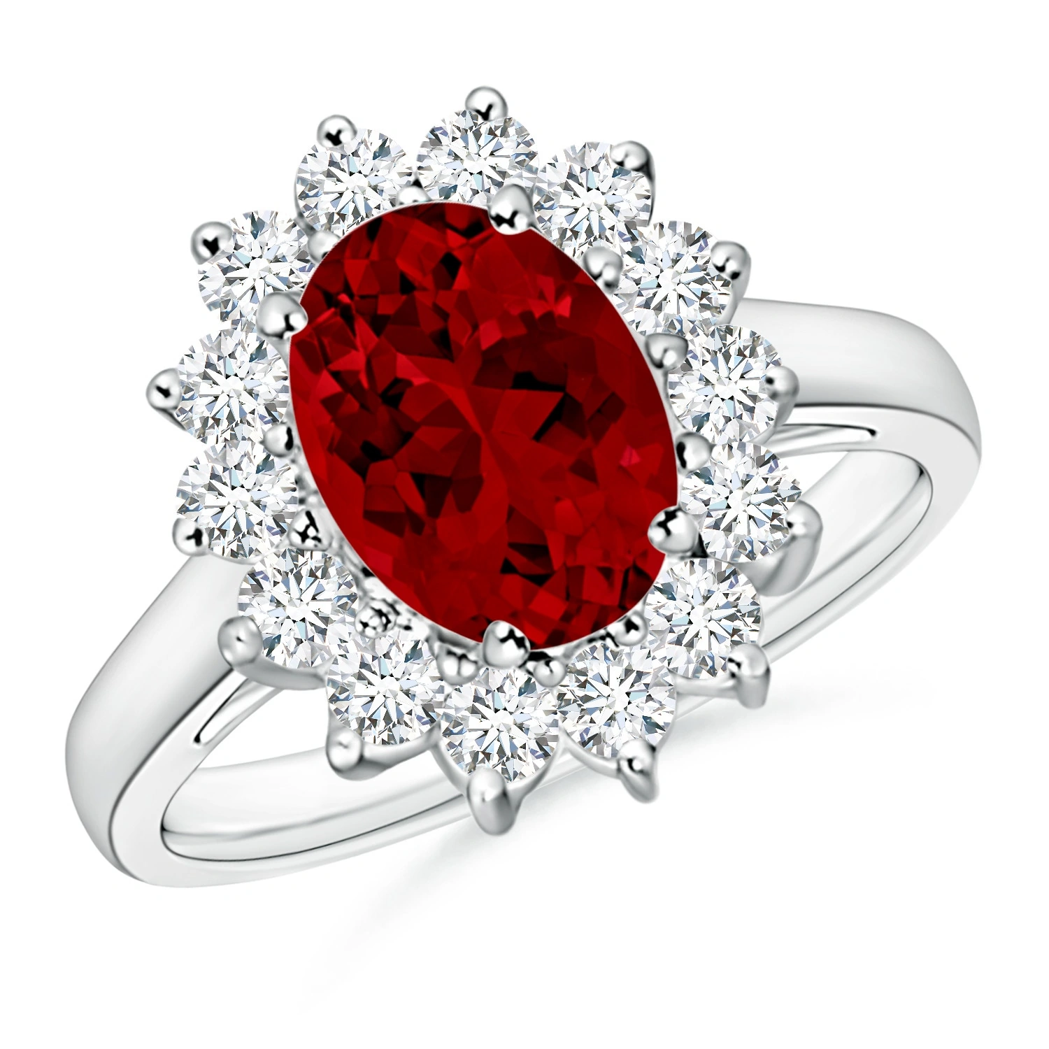 Oval Lab-Grown Ruby Floral Halo Engagement Ring
