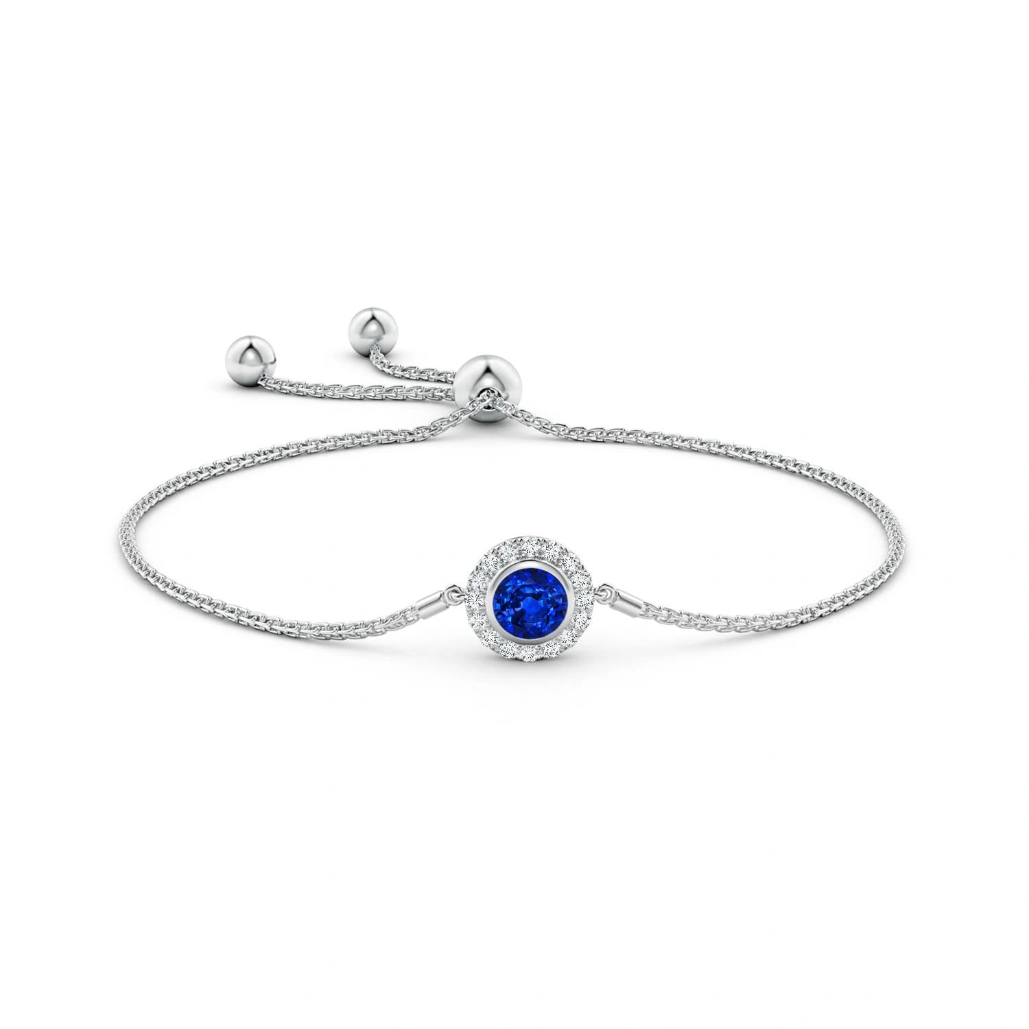 Round Lab-Grown Blue Sapphire Diamond Halo Bolo Bracelet detail