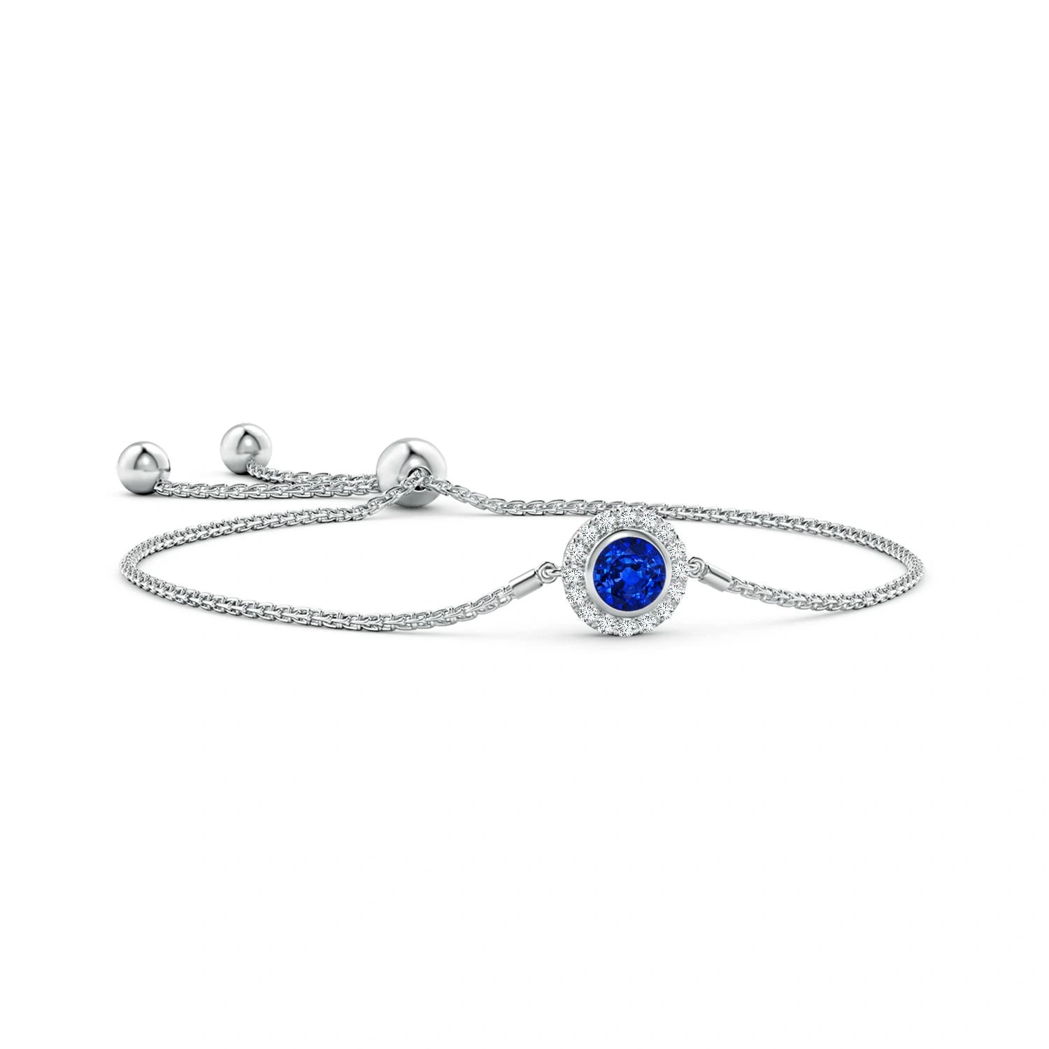 Round Lab-Grown Blue Sapphire Diamond Halo Bolo Bracelet
