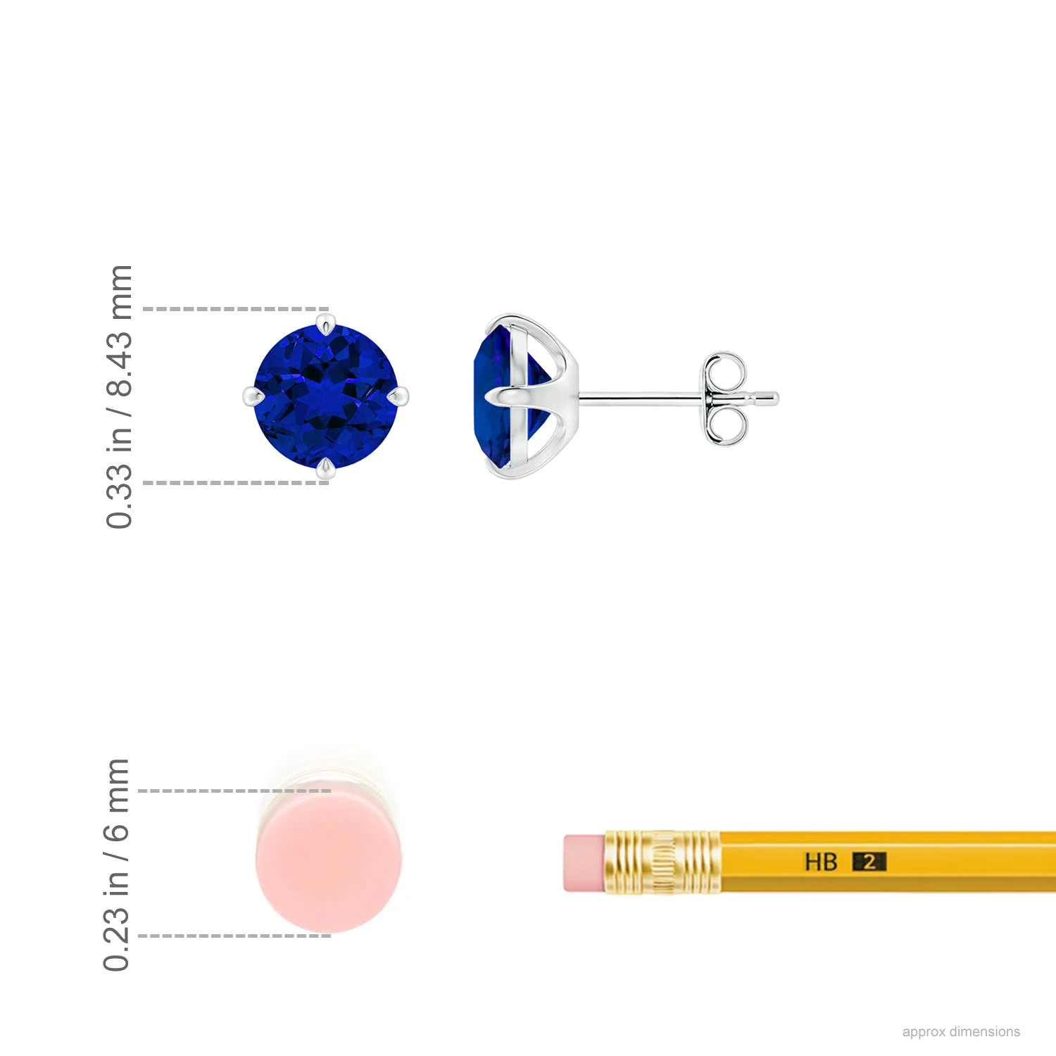 Round Lab-Grown Blue Sapphire Claw-Set Solitaire Stud Earrings dimension