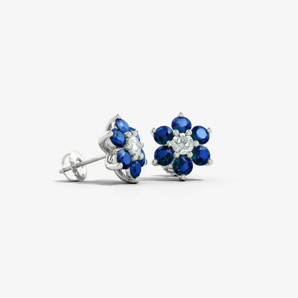 Lab-Grown Blue Sapphire and Diamond Six-Petal Flower Stud Earrings detail