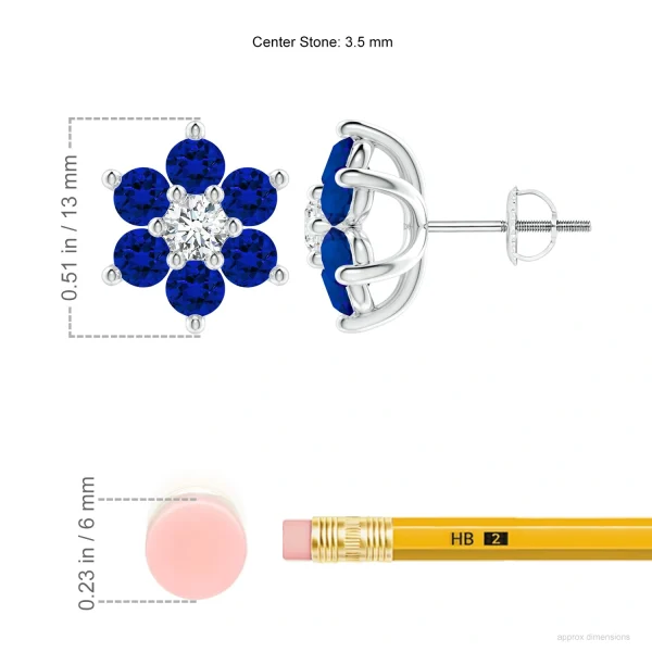 Lab-Grown Blue Sapphire and Diamond Six-Petal Flower Stud Earrings dimension