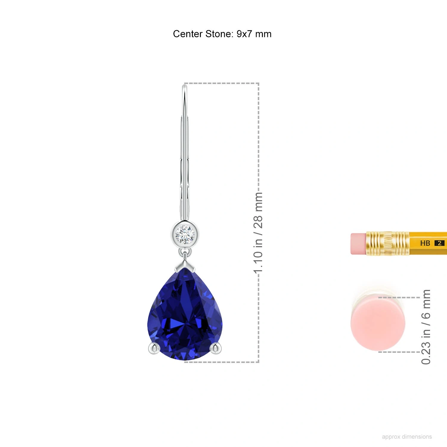 Pear-Shaped Lab-Grown Sapphire Leverback Drop Earrings with Diamond Accents dimension