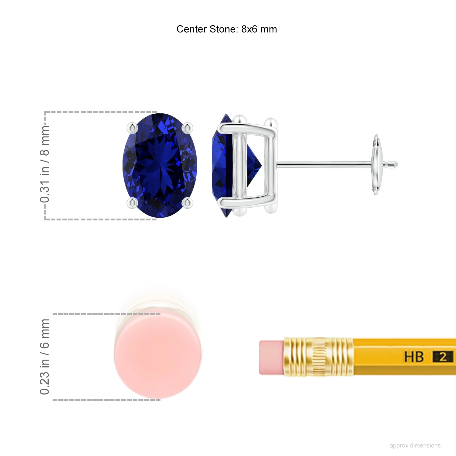 Oval Lab-Grown Blue Sapphire Solitaire Stud Earrings dimension