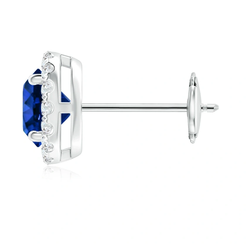 Round Lab-Grown Blue Sapphire Diamond Halo Stud Earrings detail
