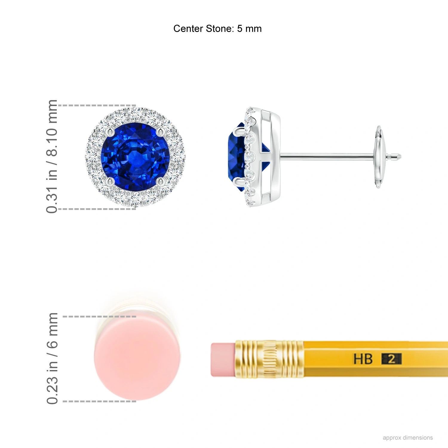 Round Lab-Grown Blue Sapphire Diamond Halo Stud Earrings dimension