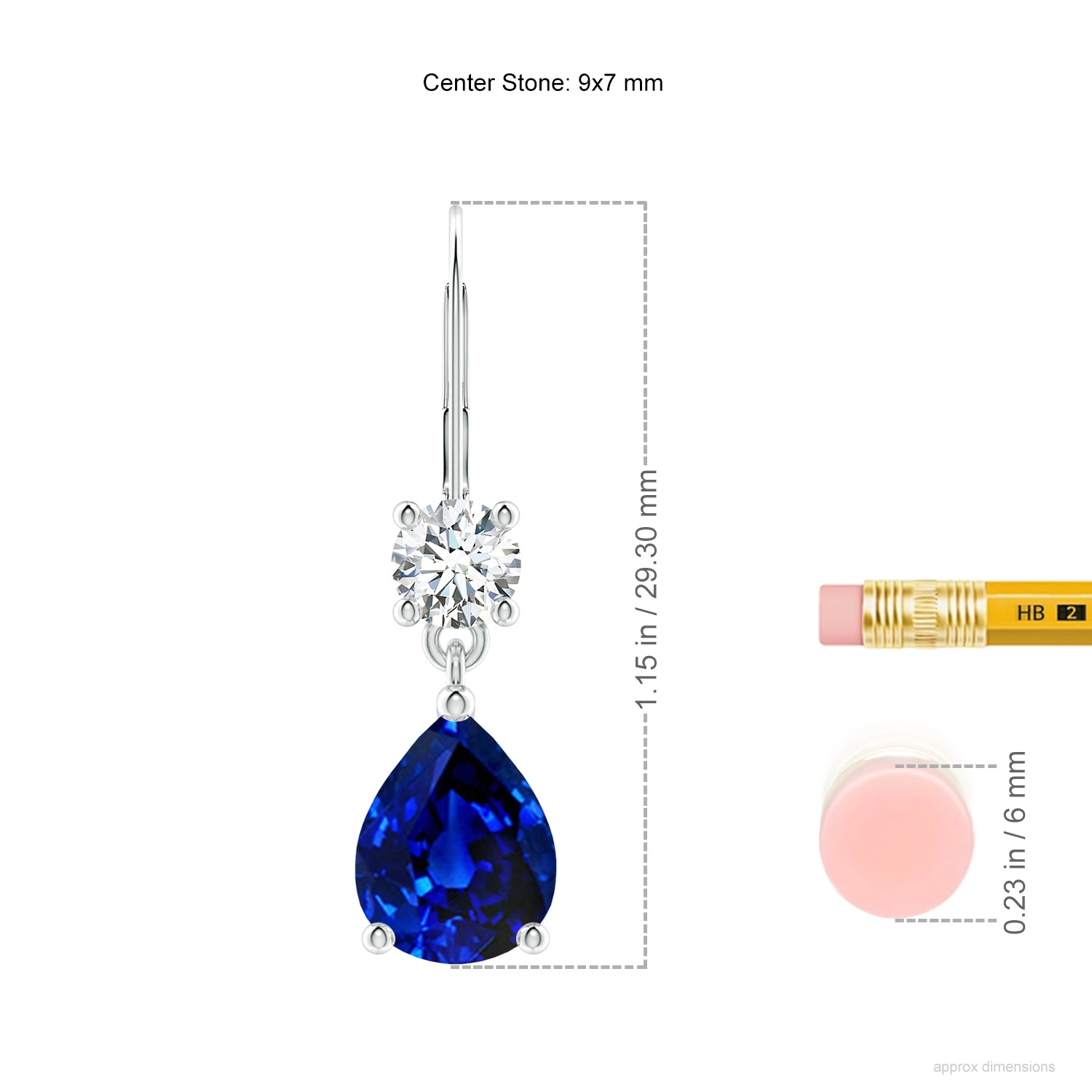 Pear-Shaped Lab-Grown Sapphire Leverback Drop Earrings with Diamonds dimension
