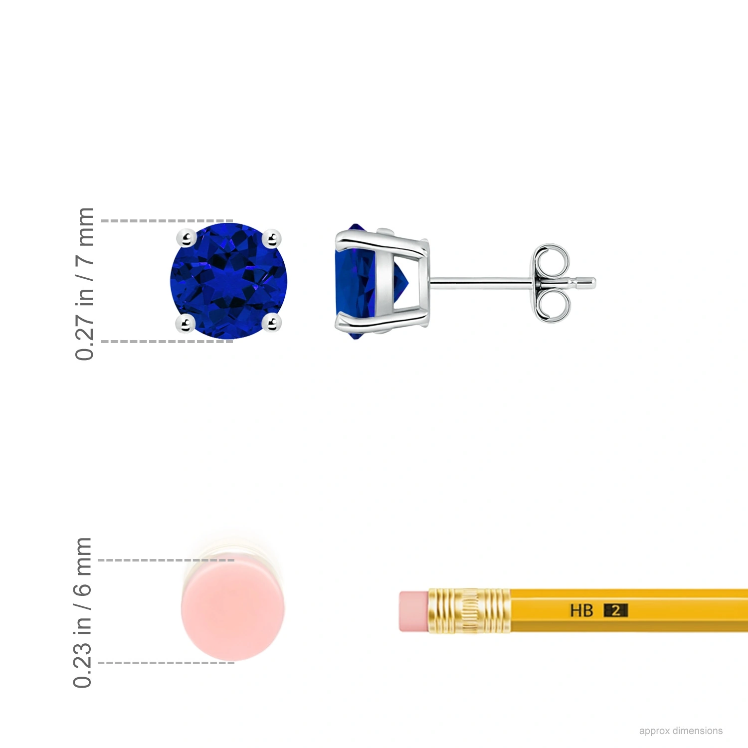 Round Lab-Grown Blue Sapphire Solitaire Stud Earrings dimension